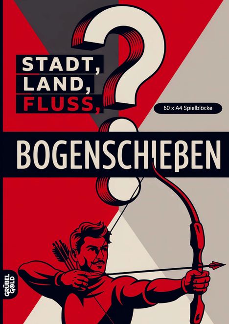 Text: "STADT, LAND, FLUSS, BOGENSCHIESSEN", "60 x A4 Spielblöcke". Illustration eines Bogenschützen.