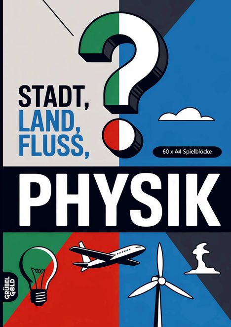 "Stadt, Land, Fluss, Physik" mit Fragezeichen. Illustration: Wolke, Glühbirne, Flugzeug, Windrad. 60 x A4 Spielblöcke.