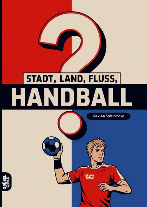 Text: "Stadt, Land, Fluss, Handball", "60 x A4 Spielblöcke". Illustration: Sportler mit Handball, rotes Trikot.