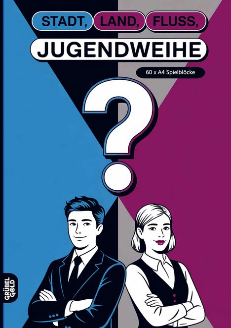 STADT, LAND, FLUSS, JUGENDWEIHE; 60 x A4 Spielblöcke. Illustration: Junge und Mädchen in Anzug und Bluse.