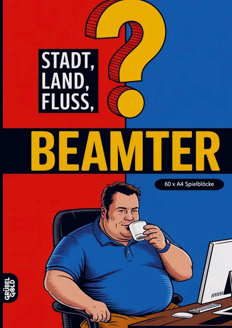 „STADT, LAND, FLUSS, BEAMTER“, „60 x A4 Spielblöcke“. Illustration: Mann in blauem Shirt trinkt Kaffee vor Computer.