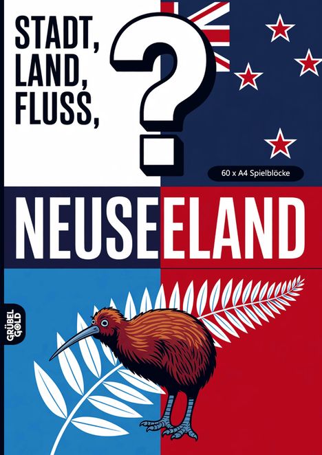 Text: "STADT, LAND, FLUSS, NEUSEELAND, 60 x A4 Spielblöcke, GRÜBEL GOLD". Flagge, Kiwi-Vogel und Farn.
