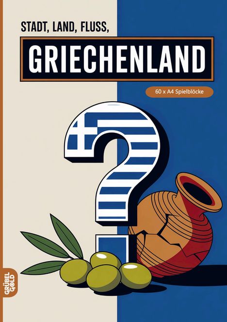 "Stadt, Land, Fluss, Griechenland. 60 x A4 Spielblöcke." Illustration von Oliven, Amphore und Fragezeichen.