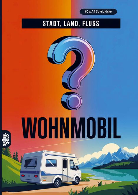 "STADT, LAND, FLUSS", "WOHNMOBIL", "60 x A4 Spielblöcke". Illustration eines Wohnmobils in einer Landschaft.
