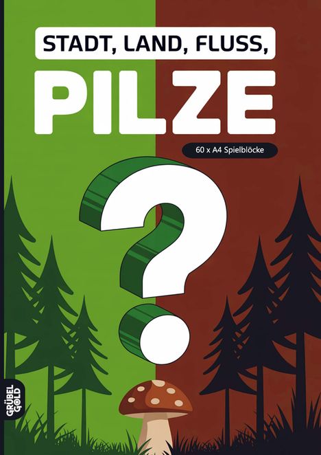 "STADT, LAND, FLUSS, PILZE" und "60 x A4 Spielblöcke" auf grün-rotem Hintergrund, Pilz und Bäume im Vordergrund.