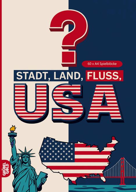 "Stadt, Land, Fluss, USA" steht groß. Darunter eine Karte der USA und die Freiheitsstatue. Ein rotes Fragezeichen oben.
