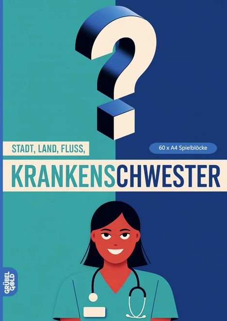"Stadt, Land, Fluss, Krankenschwester. 60 x A4 Spielblöcke." Illustration einer Krankenschwester mit Stethoskop.