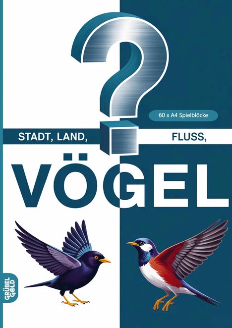 STADT, LAND, FLUSS, VÖGEL. 60 x A4 Spielblöcke. Zwei fliegende Vögel. Fragezeichen im Hintergrund.