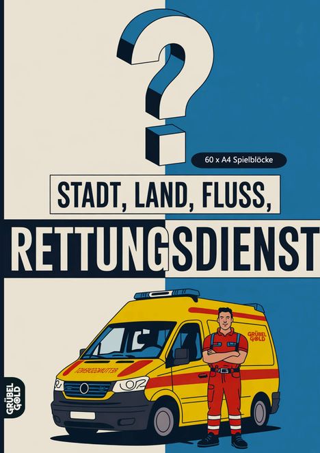 "Stadt, Land, Fluss, Rettungsdienst" vor einem Krankenwagen mit einem Notfallsanitäter in roter Uniform.