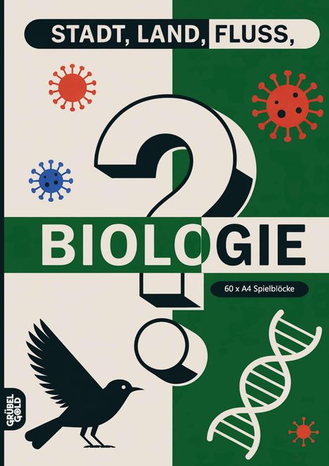 "STADT, LAND, FLUSS, BIOLOGIE" steht oben. Illustration mit Viren, Fragezeichen, Vogel, DNA-Strang und grünen Farben.