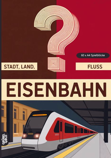 "Stadt, Land, Fluss, Eisenbahn" auf einem roten Hintergrund mit einem großen Fragezeichen. Illustration eines Zugs.