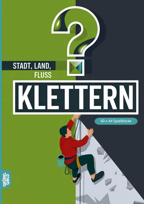 Text: "STADT, LAND, FLUSS KLETTERN, 60 x A4 Spielblöcke". Illustration eines Kletterers an einer Felswand.