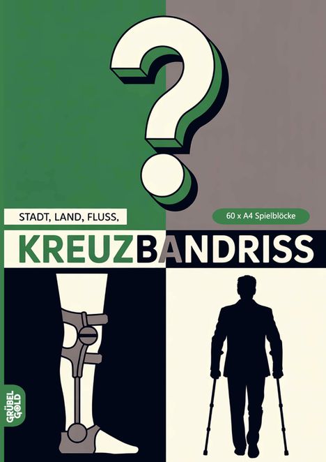 „STADT, LAND, FLUSS, KREUZBANDRISS“. Illustration: Oberes großes Fragezeichen, darunter Bein-Schiene und Mann mit Krücken.