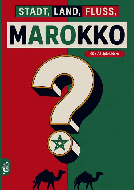 Text: "STADT, LAND, FLUSS, MAROKKO, 60 x A4 Spielblöcke". Design in Rot und Grün mit Kamelsilhouetten und Fragezeichen.