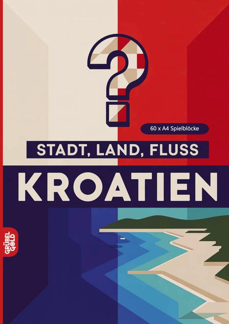 "STADT, LAND, FLUSS" und "KROATIEN" in großen Buchstaben; Illustration mit Küstenlandschaft und Fragezeichen.
