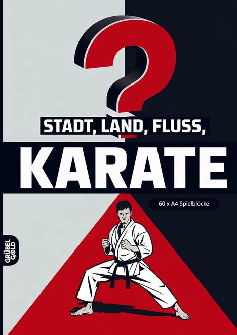 „STADT, LAND, FLUSS, KARATE“, 60 x A4 Spielblöcke. Illustration eines Karatekämpfers in Kampfpose.