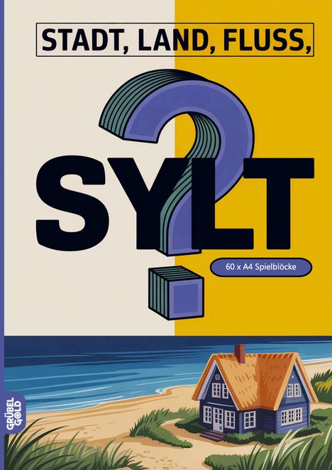 STADT, LAND, FLUSS, SYLT. 60 × A4 Spielblöcke. Illustration: Haus an Strand mit Dünen und blauem Meer.