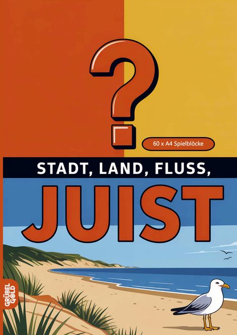 Text: STADT, LAND, FLUSS, JUIST. 60 x A4 Spielblöcke. Illustration: Strand mit Möwe, Dünen und Meer.