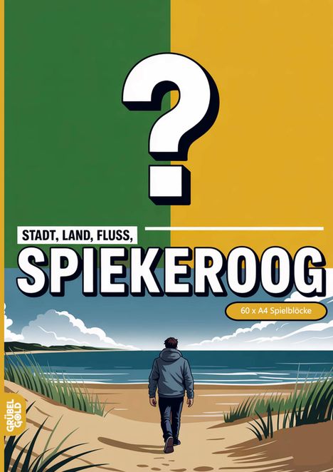 "Stadt, Land, Fluss, Spiekeroog" und "60 x A4 Spielblöcke." Illustration: Person am Strand mit grün-gelbem Hintergrund.