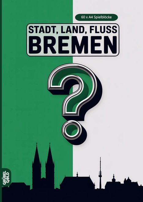 "STADT, LAND, FLUSS BREMEN", 60 x A4 Spielblöcke. Silhouetten der Bremer Skyline und ein großes Fragezeichen.
