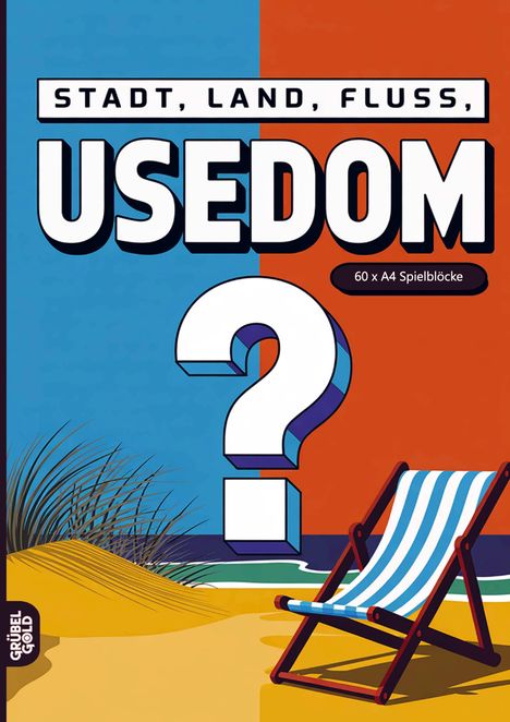 „STADT, LAND, FLUSS, USEDOM. 60 x A4 Spielblöcke.“ Ein Strandmotiv mit einem Liegestuhl und Fragezeichen.