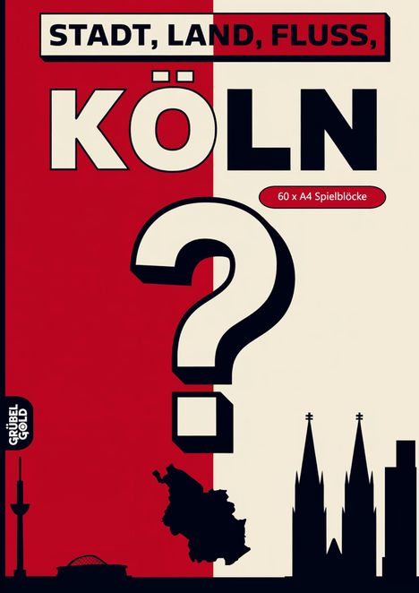 "STADT, LAND, FLUSS, KÖLN" und "60 x A4 Spielblöcke" in großen Buchstaben. Darunter ein großes Fragezeichen. Silhouetten von Köln.