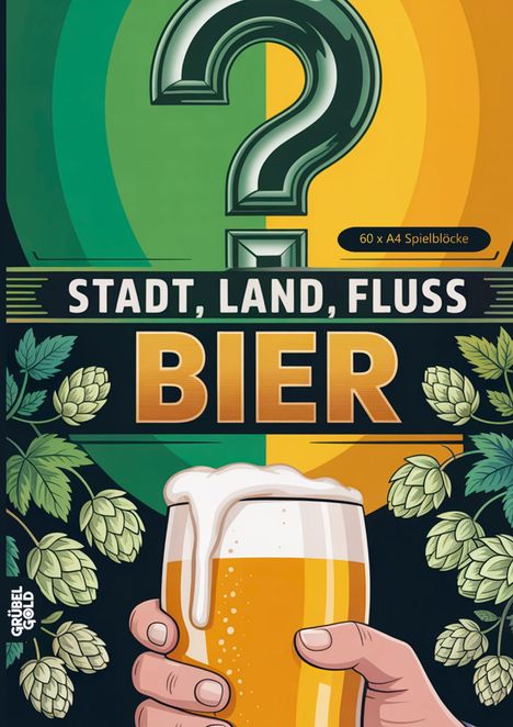 "STADT, LAND, FLUSS, BIER", "60 x A4 Spielblöcke". Illustration mit Hopfen und einem Bierglas.