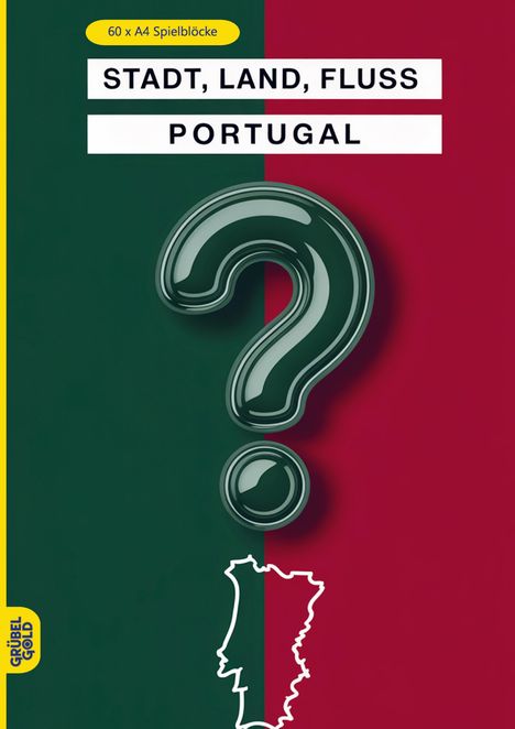 STADT, LAND, FLUSS, PORTUGAL, 60 x A4 Spielblöcke. Grün-roter Hintergrund, großes Fragezeichen.