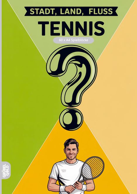 "STADT, LAND, FLUSS TENNIS", "60 x A4 Spielblöcke". Ein illustrierter Tennisspieler hält einen Schläger; großes Fragezeichen.