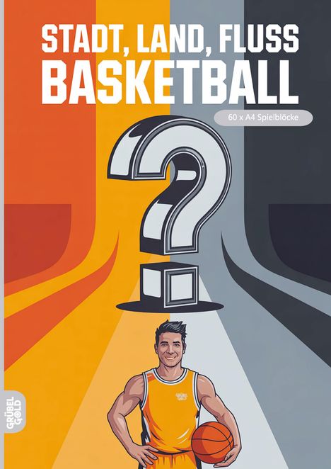 Stadt, Land, Fluss BASKETBALL. 60 x A4 Spielblöcke. Illustration mit großem Fragezeichen und Basketballspieler.