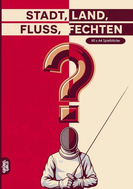 „STADT, LAND, FLUSS, FECHTEN“, 60 x A4 Spielblöcke. Illustration: Fechter mit Fragezeichen.