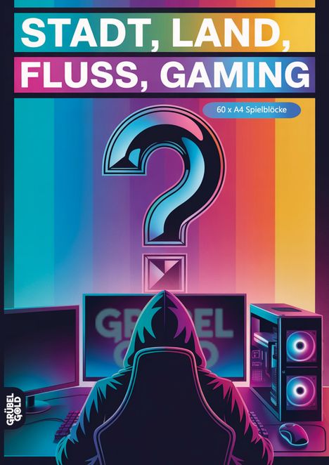 "STADT, LAND, FLUSS, GAMING", "60 x A4 Spielblöcke". Buntes Design mit Gamer im Hoodie vor Monitoren.