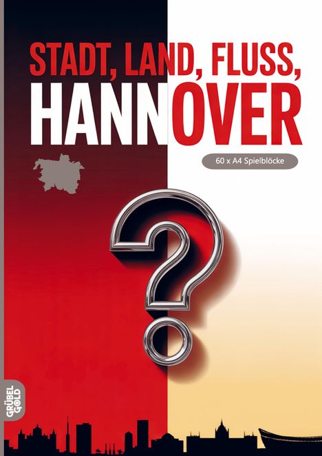 Text: "STADT, LAND, FLUSS, HANNOVER" und "60 x A4 Spielblöcke". Eine Illustration mit Fragezeichen und Silhouetten.