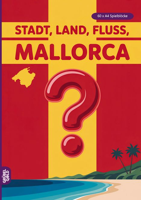 Text: "STADT, LAND, FLUSS, MALLORCA". Illustration einer Landschaft mit Strand, Palmen und einem großen Fragezeichen.