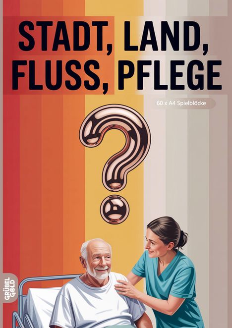 Text: "STADT, LAND, FLUSS, PFLEGE", "60 x A4 Spielblöcke." Illustration: Älterer Mann im Bett mit freundlicher Pflegerin.