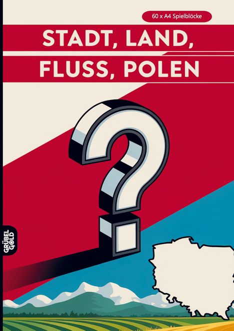 Text: "STADT, LAND, FLUSS, POLEN", "60 x A4 Spielblöcke". Illustration zeigt ein Fragezeichen und Umrisse von Polen.