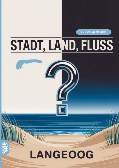 "STADT, LAND, FLUSS", "60 x A4 Spielblöcke", "LANGEOOG". Illustration mit Fragezeichen am Strand.
