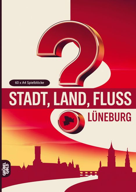 "Stadt, Land, Fluss" in Großbuchstaben, "Lüneburg" darunter. Rotes Fragezeichen und eine Stadtsilhouette im Hintergrund.