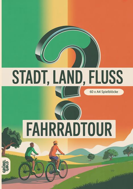 Text: "STADT, LAND, FLUSS", "FAHRRADTOUR", "60 x A4 Spielblöcke". 
Illustration: Zwei Radfahrer auf Landweg bei Sonnenuntergang.