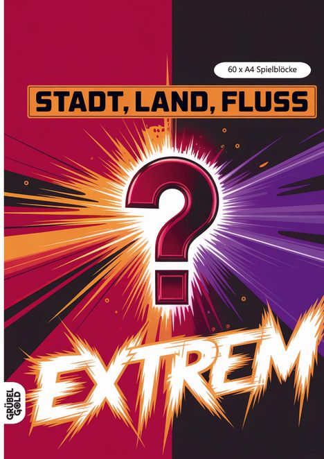 "STADT, LAND, FLUSS", "EXTREM", "60 x A4 Spielblöcke". Illustration mit farbiger Explosion und rotem Fragezeichen.