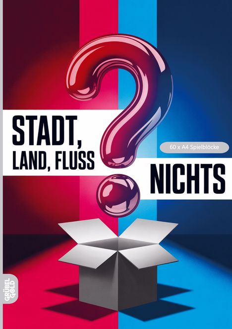 Text: "STADT, LAND, FLUSS, NICHTS" und "60 x A4 Spielblöcke". Ein großes Fragezeichen über einer offenen Schachtel.