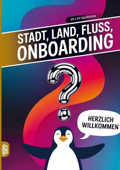 "Stadt, Land, Fluss, Onboarding", "60 x A4 Spielblöcke", "Herzlich Willkommen". Ein fröhlicher Pinguin vor buntem Hintergrund.