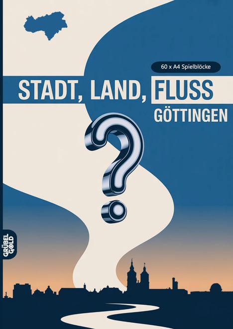Text: "STADT, LAND, FLUSS GÖTTINGEN", "60 x A4 Spielblöcke". Illustration mit Fragezeichen und Stadtsilhouette in Blau und Beige.