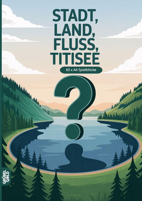 Text: "STADT, LAND, FLUSS, TITISEE." und "60 x A4 Spielblöcke." Illustration eines Sees mit umliegenden Wäldern und Bergen.