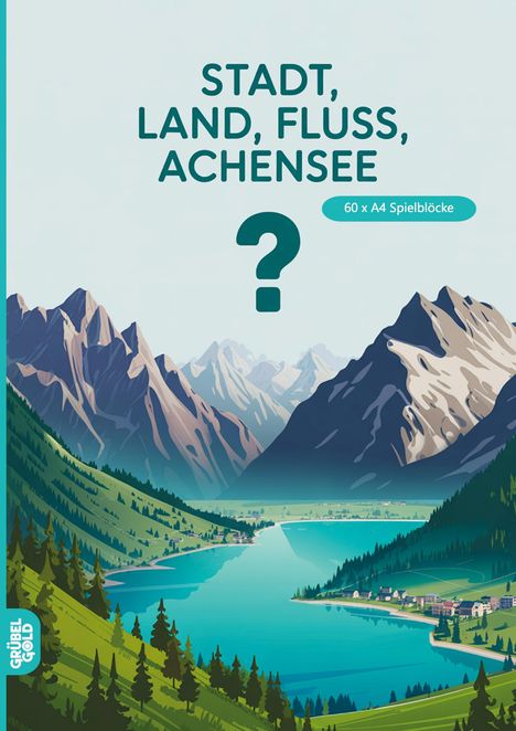 Text: "STADT, LAND, FLUSS, ACHENSEE" und "60 x A4 Spielblöcke". Illustration: Berglandschaft mit einem See im Tal.