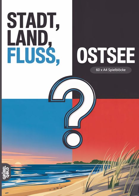„STADT, LAND, FLUSS, OSTSEE“ in großer Schrift. Darunter eine Illustration mit Strand, Wellen und Sonnenuntergang.