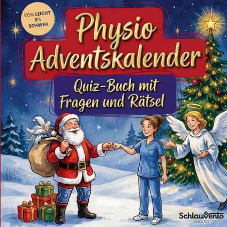 „Physio Adventskalender, Quiz-Buch mit Fragen und Rätsel“, Illustration mit Weihnachtsmann, Engel und Krankenschwester.