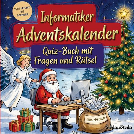"Informatiker Adventskalender", "Quiz-Buch mit Fragen und Rätsel", Illustration zeigt Weihnachtsmann am Computer, Engel, Tannenbaum.