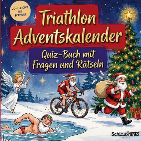 „Triathlon Adventskalender“ und „Quiz-Buch mit Fragen und Rätseln“. Weihnachtsmann tritt in einem Triathlon an.
