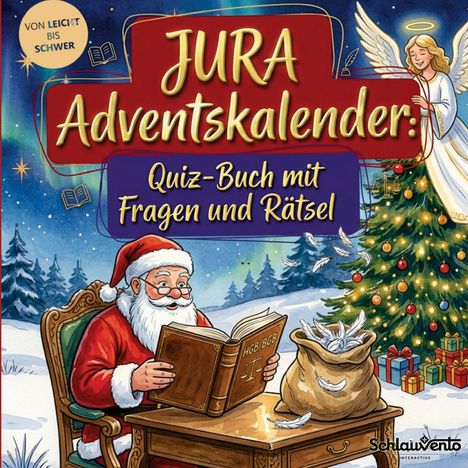 "JURA Adventskalender: Quiz-Buch mit Fragen und Rätsel." Weihnachtsmann liest Buch. Engel, Baum und Geschenke dabei.